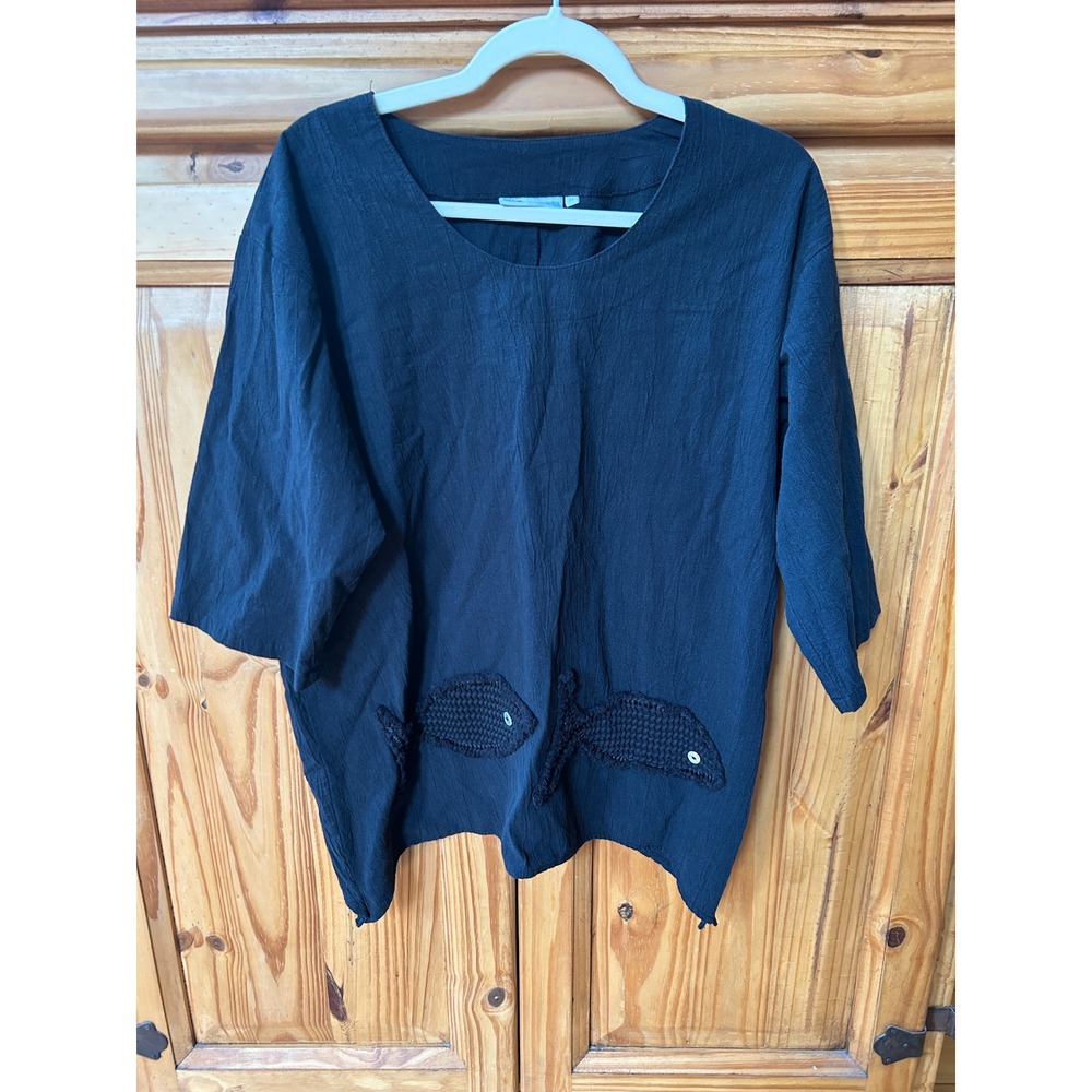 LuLu-B Black Cotton Gauze Crochet Embroidered Fish Boxy Top Blouse M